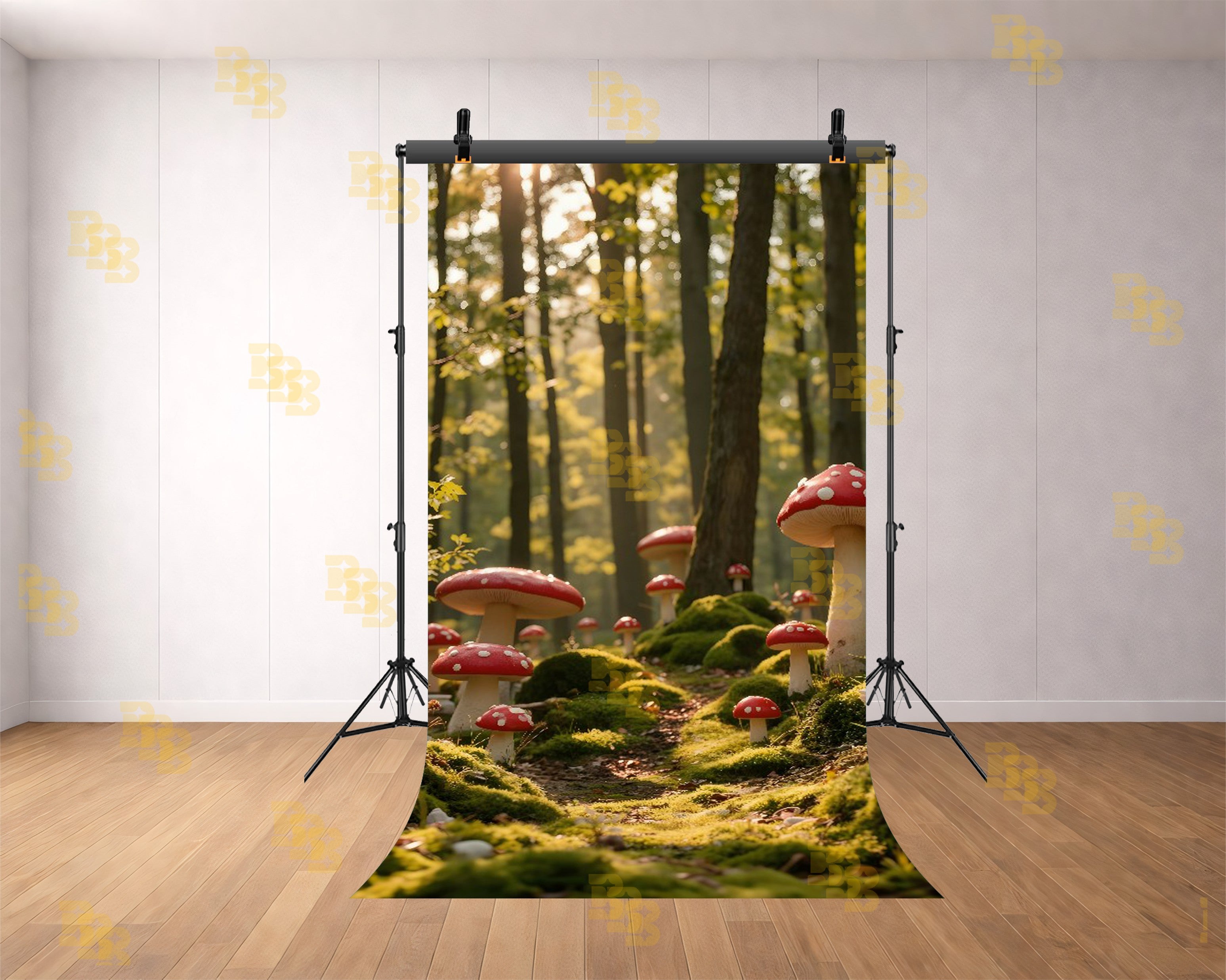 ENCHANTED FOREST PATH WITH RED MUSHROOMS AND SUNLIGHT BACKDROP FOR KIDS & FANTASY PHOTOGRAPHY