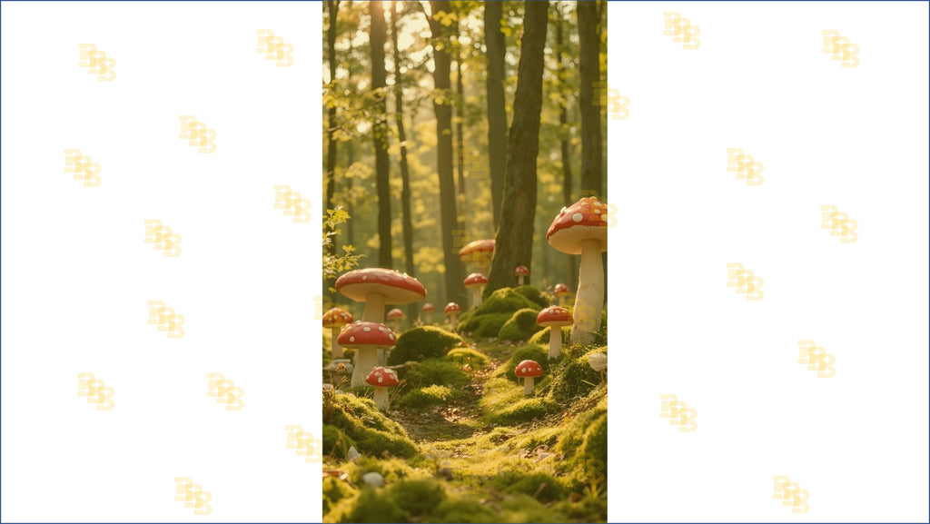 ENCHANTED FOREST PATH WITH RED MUSHROOMS AND SUNLIGHT BACKDROP FOR KIDS & FANTASY PHOTOGRAPHY