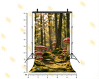 ENCHANTED FOREST PATH WITH RED MUSHROOMS AND SUNLIGHT BACKDROP FOR KIDS & FANTASY PHOTOGRAPHY