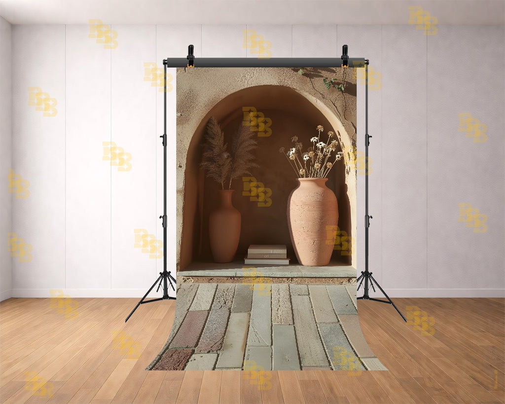 MINIMAL TERRACOTTA ARCH NICHE WITH VASE DECOR BACKDROP FOR PORTRAIT & CONTENT PHOTOGRAPHY