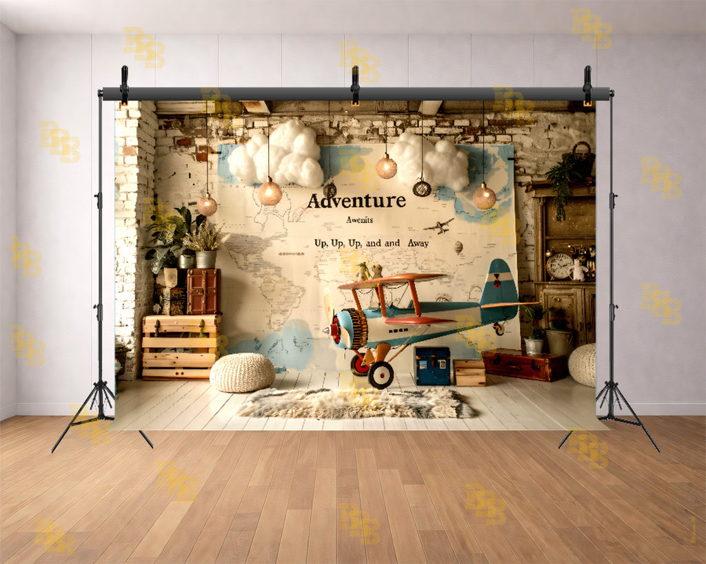 ADVENTURE MAP AIRPLANE KIDS THEME BACKDROP FOR BIRTHDAY & PHOTOGRAPHY