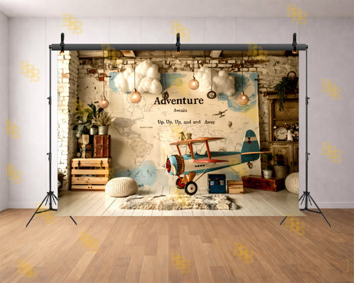 ADVENTURE MAP AIRPLANE KIDS THEME BACKDROP FOR BIRTHDAY & PHOTOGRAPHY