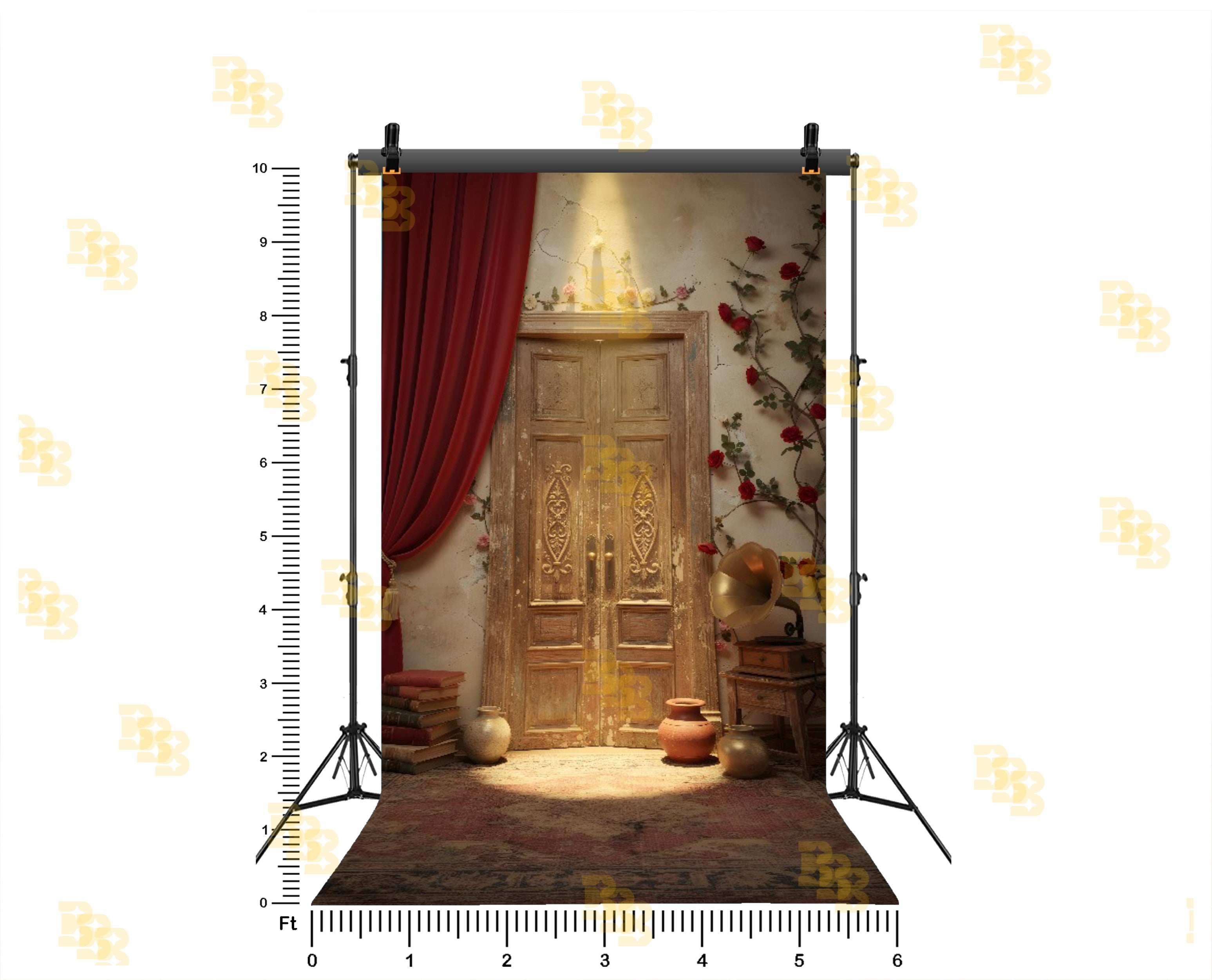 ROSE WALL DOOR WITH RED CURTAIN BACKDROP FOR PORTRAIT & REELS PHOTOGRAPHY