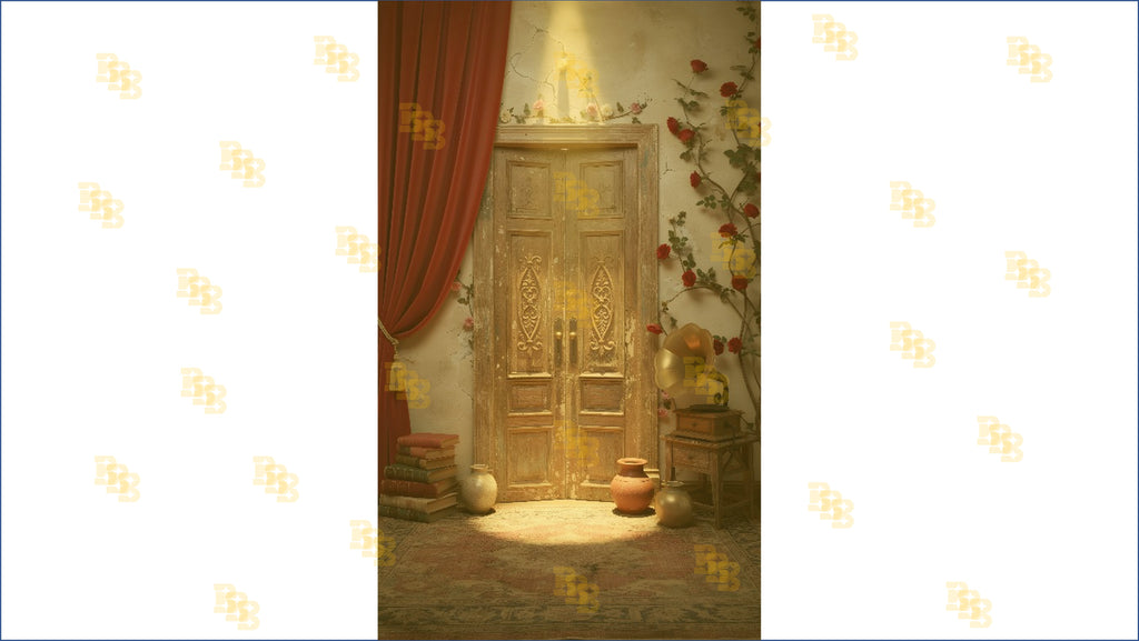 ROSE WALL DOOR WITH RED CURTAIN BACKDROP FOR PORTRAIT & REELS PHOTOGRAPHY