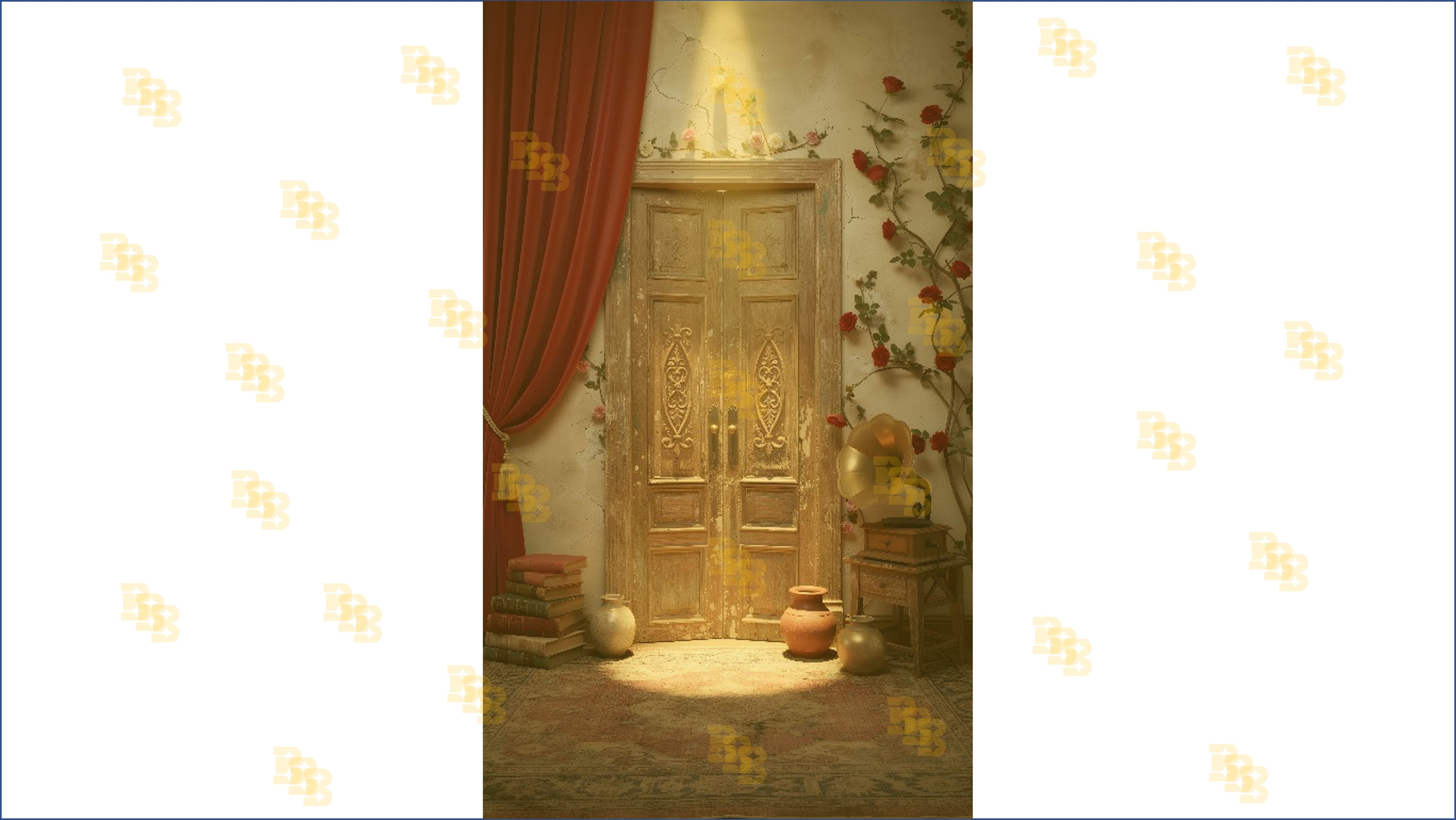 ROSE WALL DOOR WITH RED CURTAIN BACKDROP FOR PORTRAIT & REELS PHOTOGRAPHY