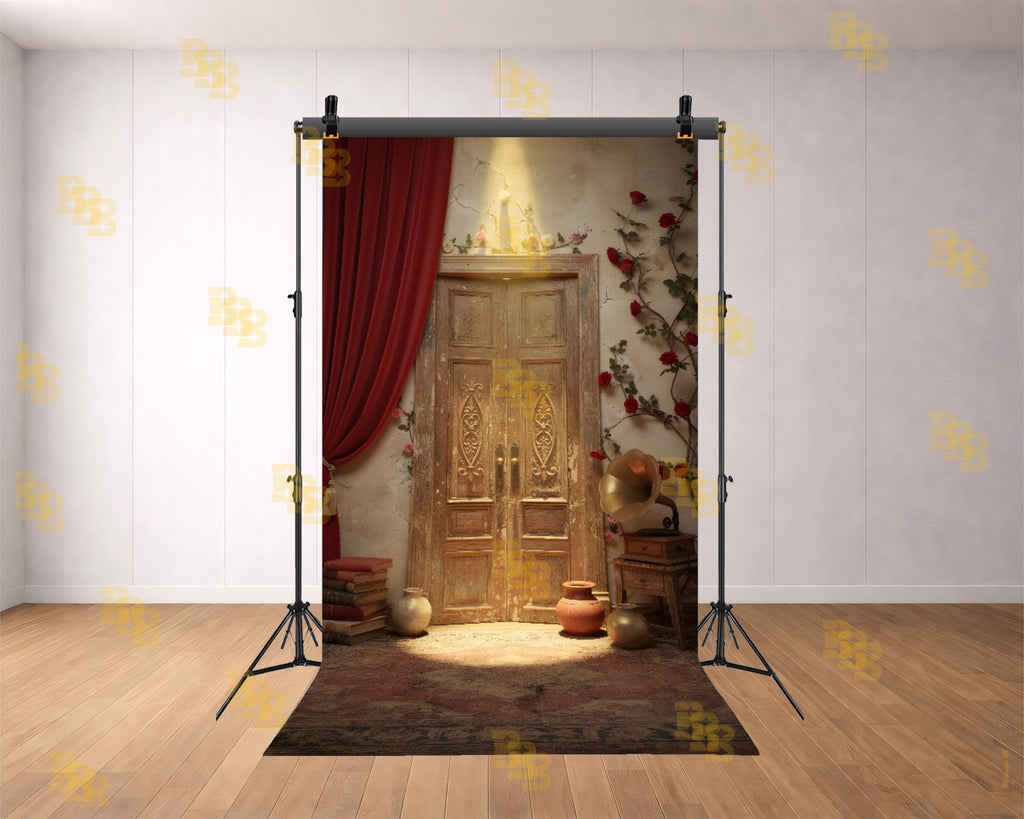 ROSE WALL DOOR WITH RED CURTAIN BACKDROP FOR PORTRAIT & REELS PHOTOGRAPHY