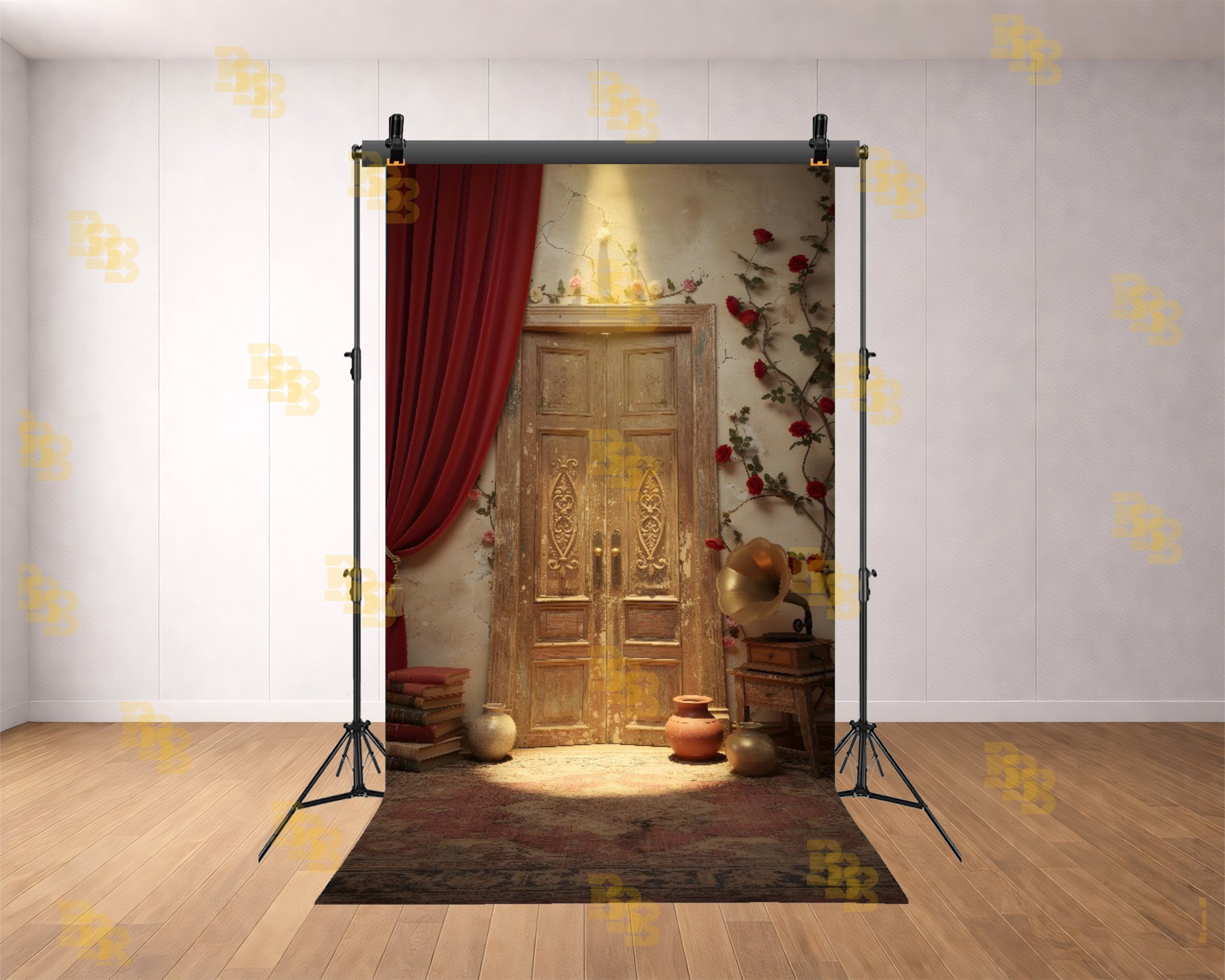 ROSE WALL DOOR WITH RED CURTAIN BACKDROP FOR PORTRAIT & REELS PHOTOGRAPHY