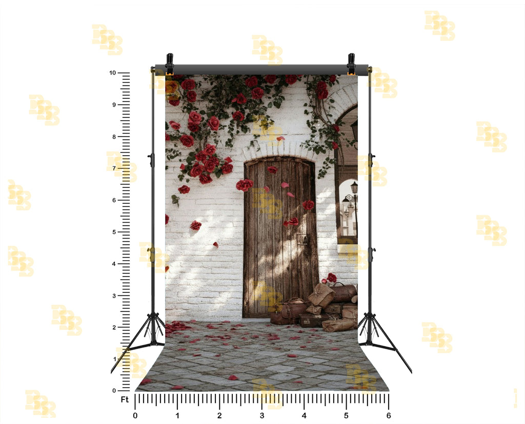 RUSTIC WHITE WALL WOODEN DOOR WITH ROSE VINES BACKDROP FOR VINTAGE & COUPLE PHOTOGRAPHY