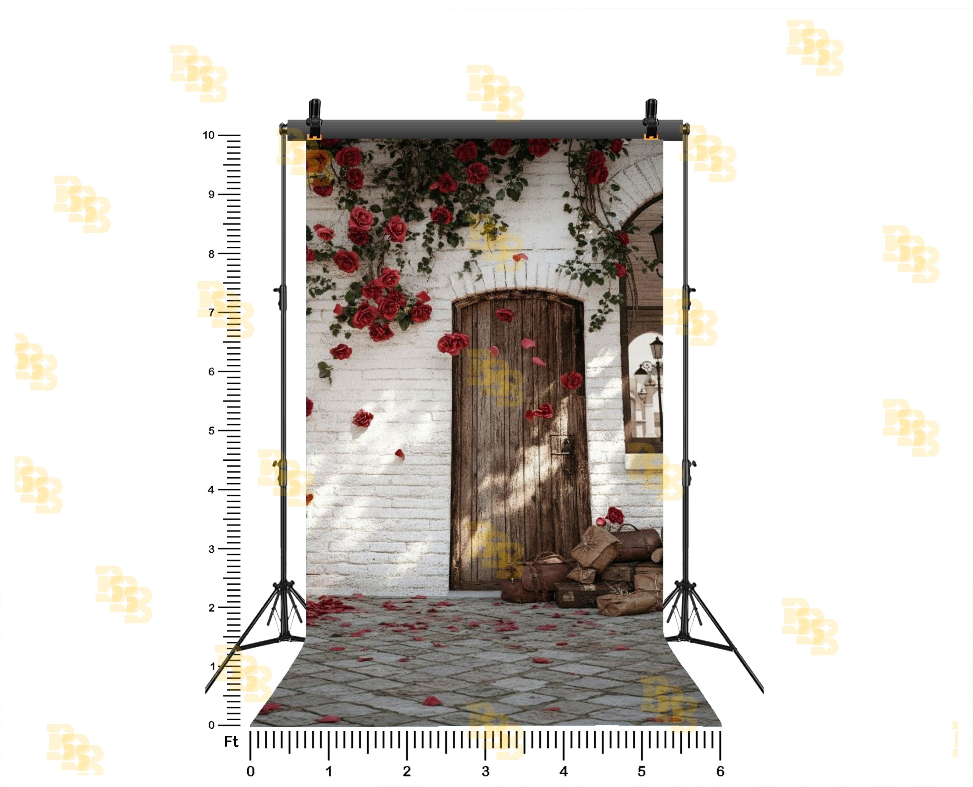 RUSTIC WHITE WALL WOODEN DOOR WITH ROSE VINES BACKDROP FOR VINTAGE & COUPLE PHOTOGRAPHY