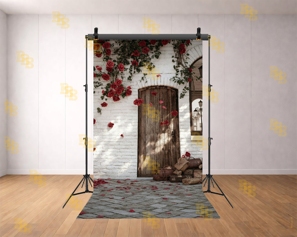 RUSTIC WHITE WALL WOODEN DOOR WITH ROSE VINES BACKDROP FOR VINTAGE & COUPLE PHOTOGRAPHY