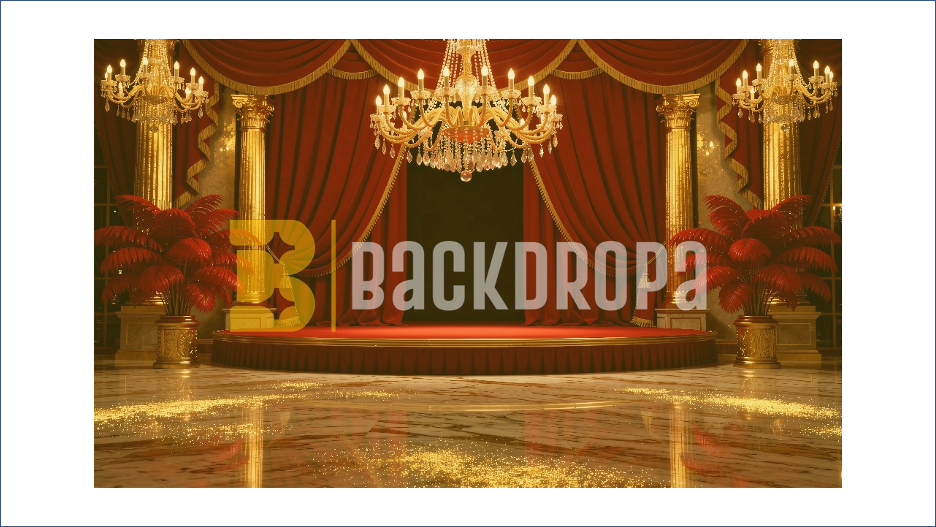 ROYAL RED CURTAIN STAGE WITH CHANDELIER BACKDROP FOR WEDDING & EVENT PHOTOGRAPHY