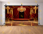 ROYAL RED CURTAIN STAGE WITH CHANDELIER BACKDROP FOR WEDDING & EVENT PHOTOGRAPHY