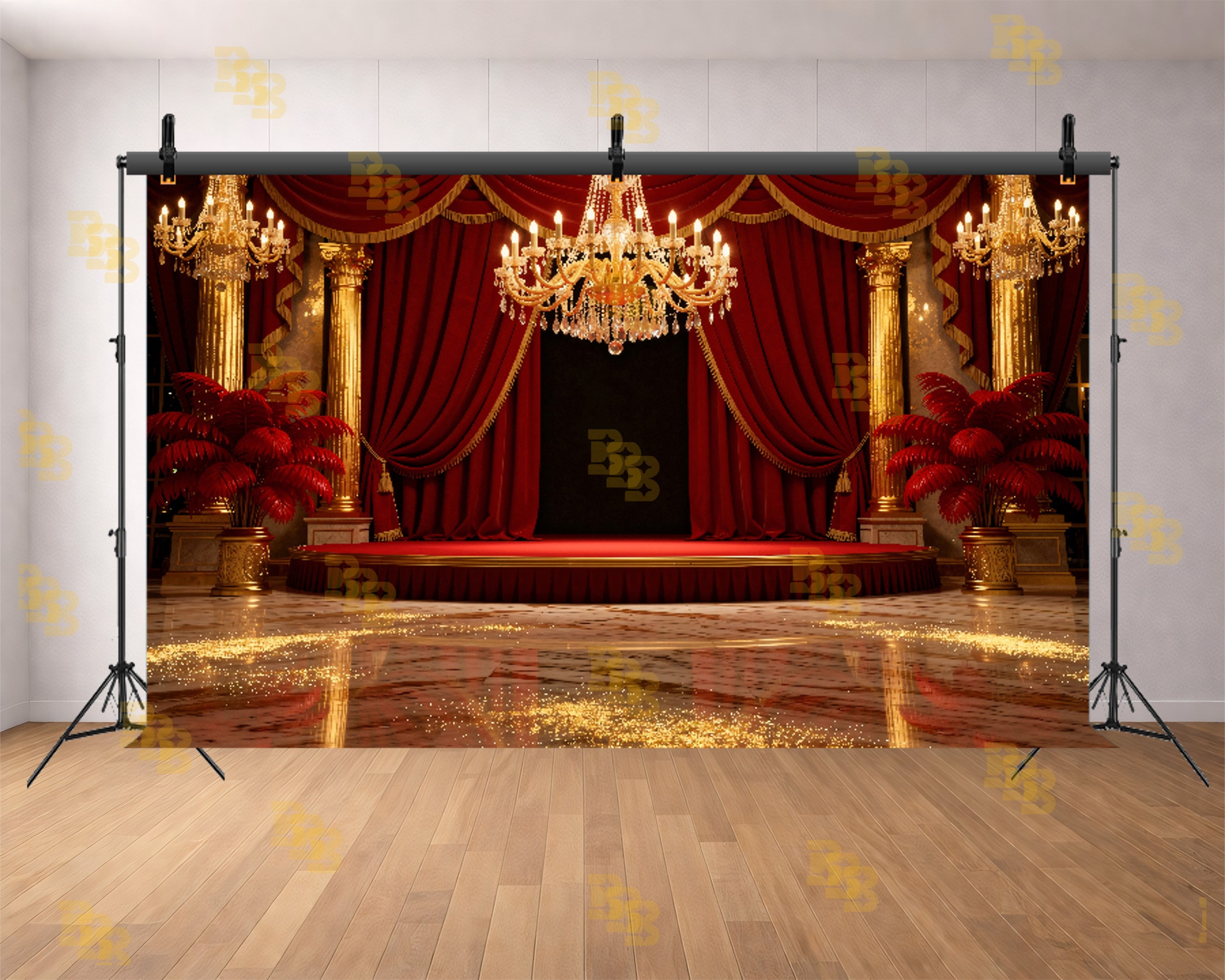 ROYAL RED CURTAIN STAGE WITH CHANDELIER BACKDROP FOR WEDDING & EVENT PHOTOGRAPHY