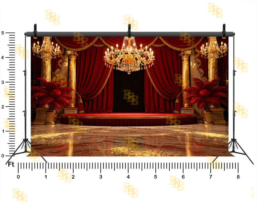 ROYAL RED CURTAIN STAGE WITH CHANDELIER BACKDROP FOR WEDDING & EVENT PHOTOGRAPHY