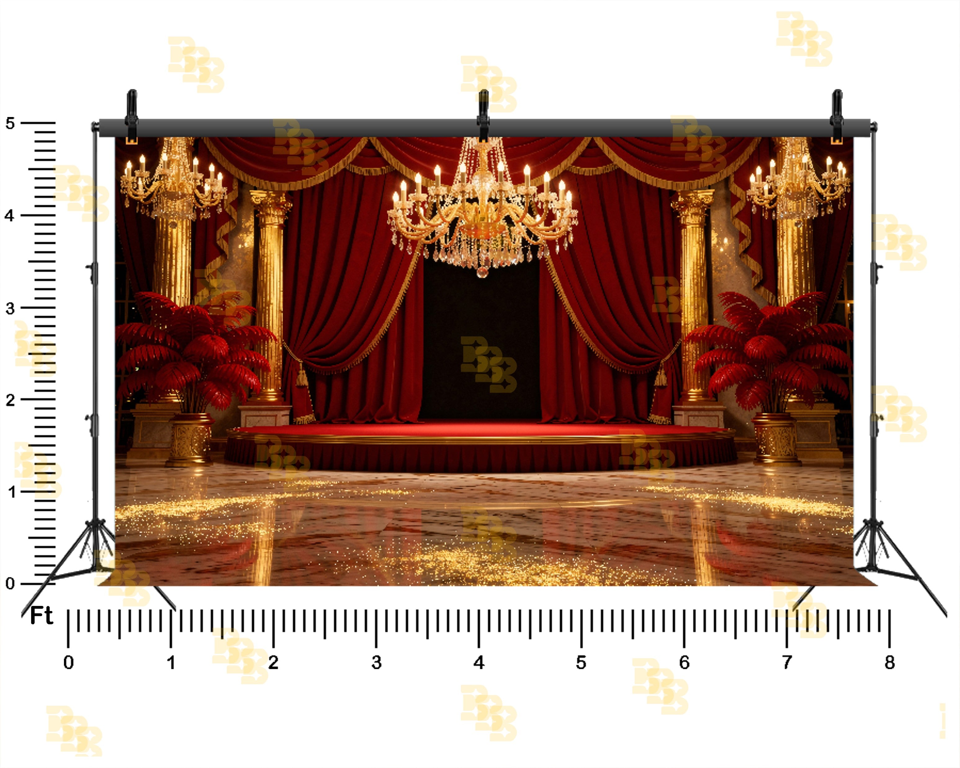 ROYAL RED CURTAIN STAGE WITH CHANDELIER BACKDROP FOR WEDDING & EVENT PHOTOGRAPHY