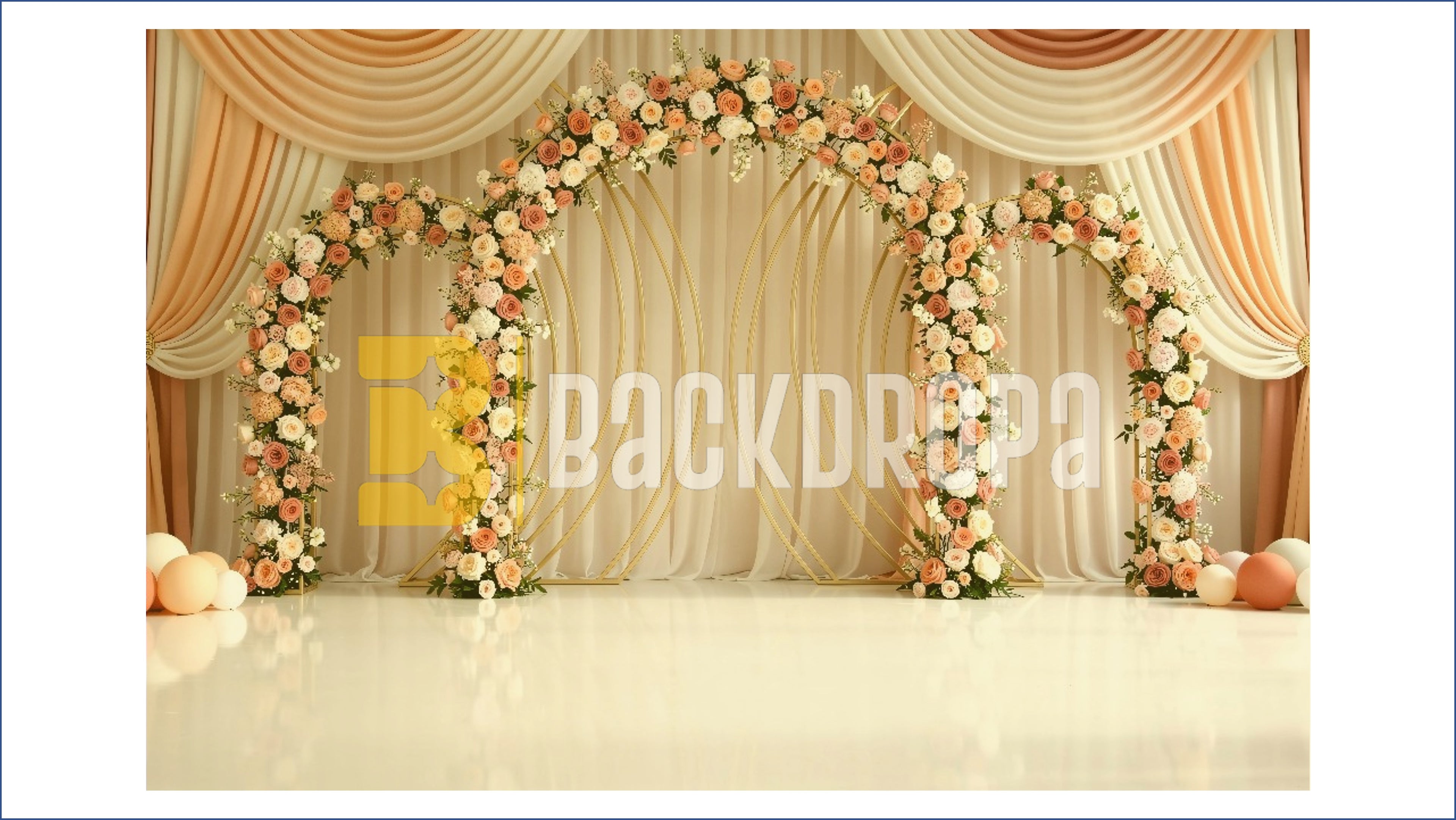 PASTEL FLORAL ARCH STAGE WITH DRAPES BACKDROP FOR WEDDING & BABY SHOWER PHOTOGRAPHY