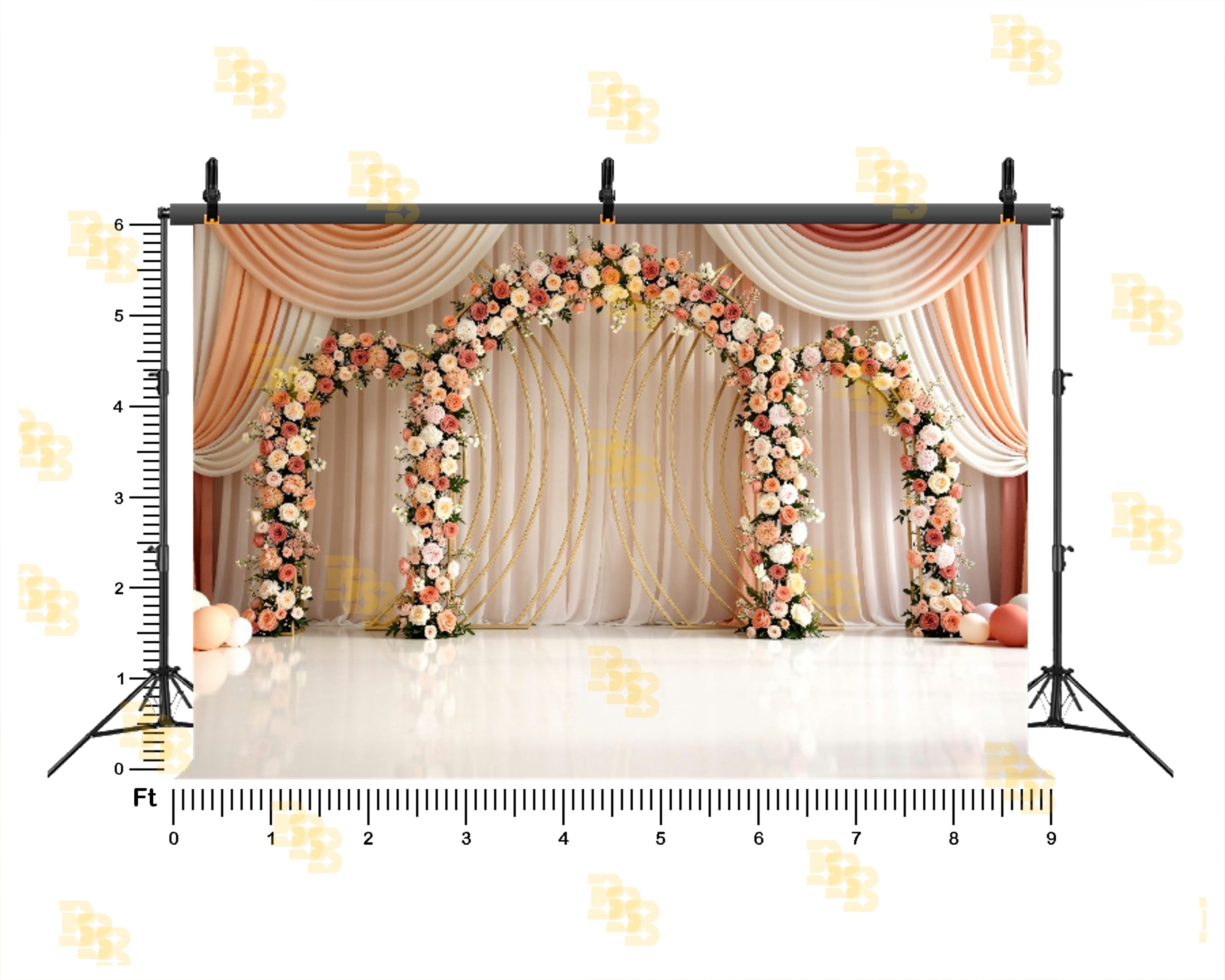 PASTEL FLORAL ARCH STAGE WITH DRAPES BACKDROP FOR WEDDING & BABY SHOWER PHOTOGRAPHY