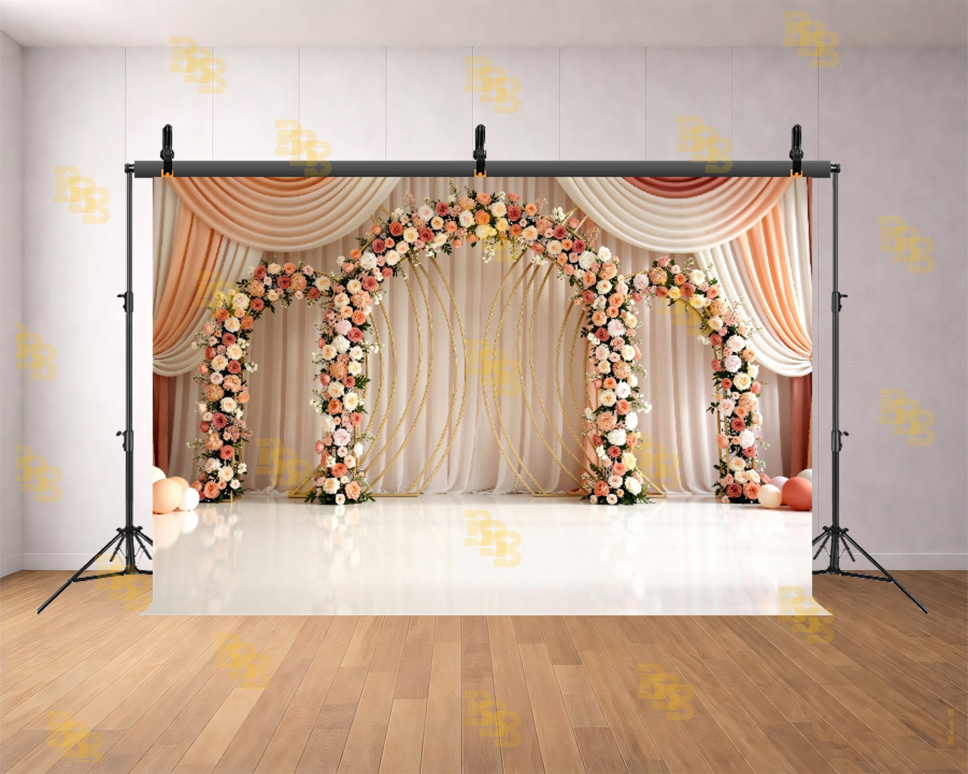 PASTEL FLORAL ARCH STAGE WITH DRAPES BACKDROP FOR WEDDING & BABY SHOWER PHOTOGRAPHY