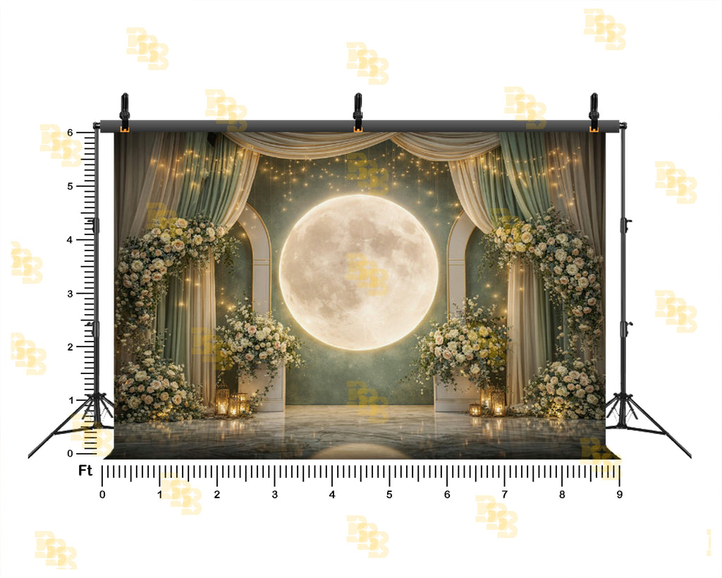 FANTASY GALAXY MOON WITH ASTRONAUT AND FLORAL STAGE BACKDROP FOR CREATIVE & EVENT PHOTOGRAPHY