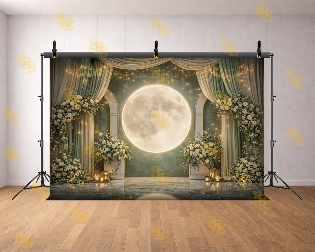 FANTASY GALAXY MOON WITH ASTRONAUT AND FLORAL STAGE BACKDROP FOR CREATIVE & EVENT PHOTOGRAPHY