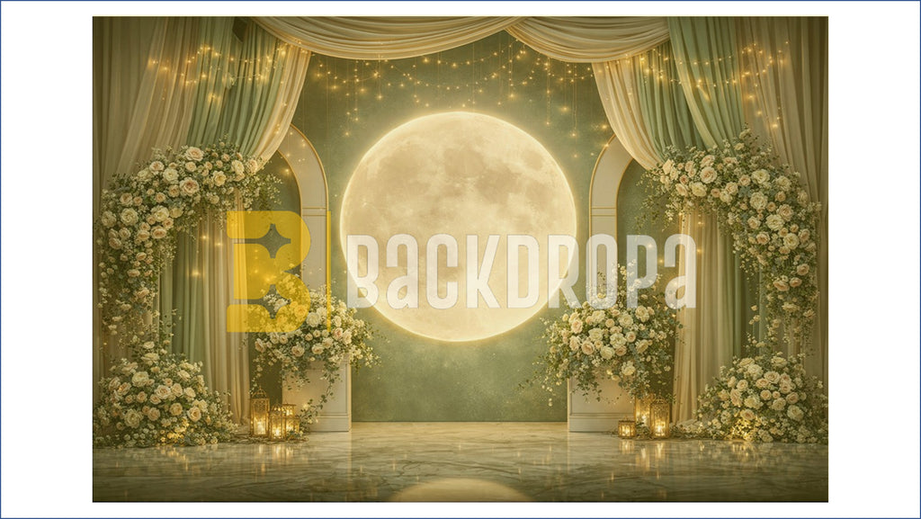 FANTASY GALAXY MOON WITH ASTRONAUT AND FLORAL STAGE BACKDROP FOR CREATIVE & EVENT PHOTOGRAPHY