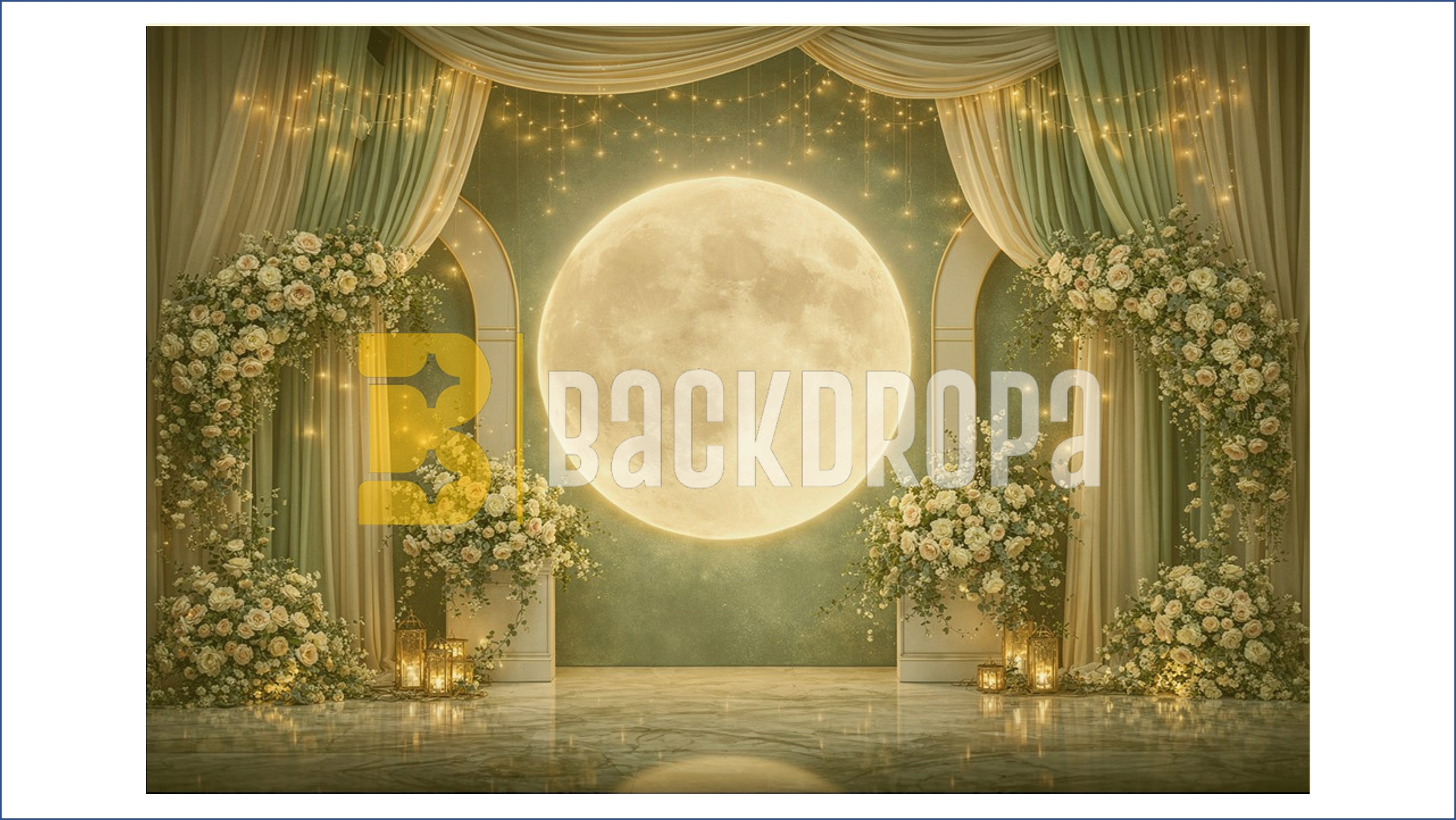 FANTASY GALAXY MOON WITH ASTRONAUT AND FLORAL STAGE BACKDROP FOR CREATIVE & EVENT PHOTOGRAPHY