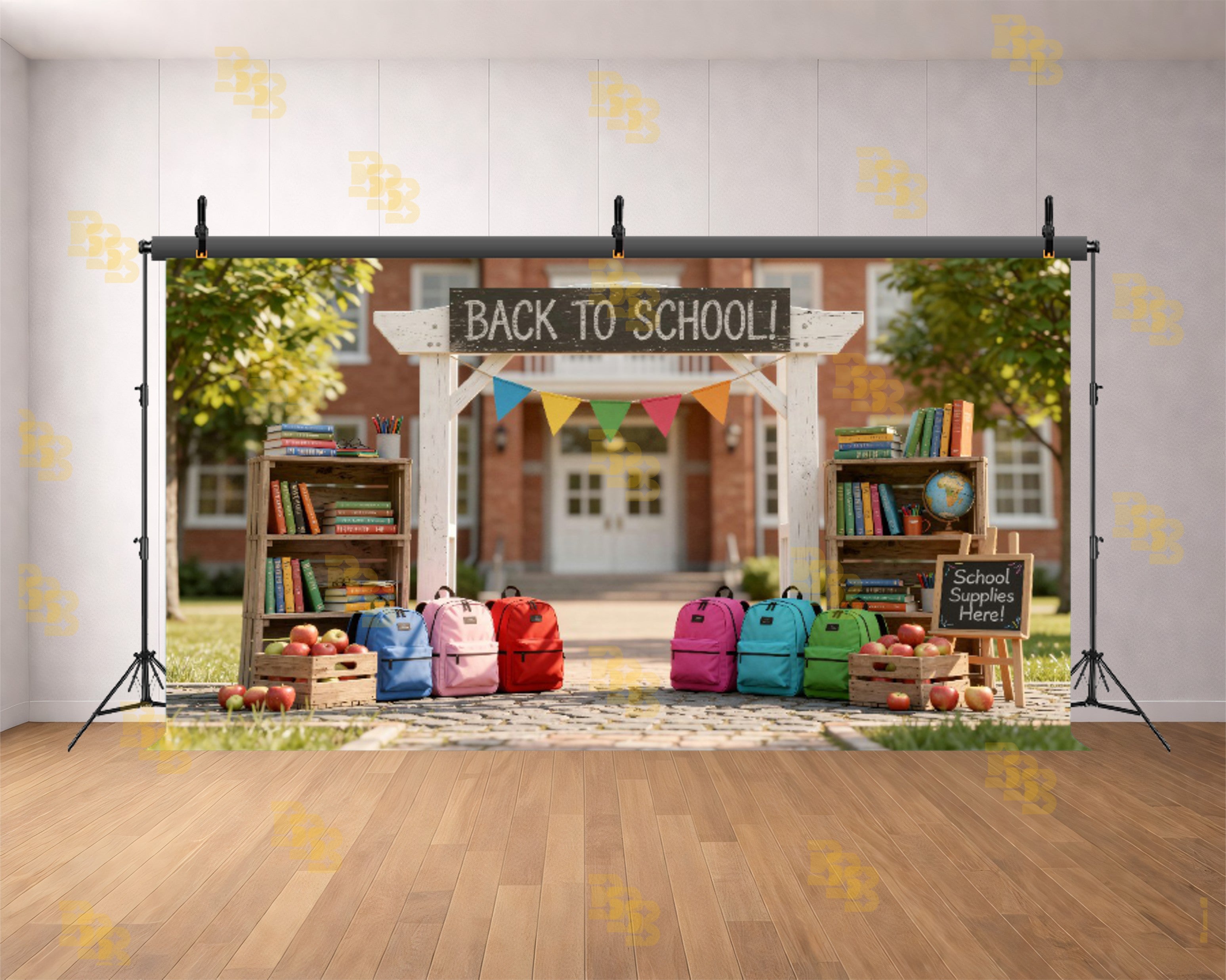 OUTDOOR PLAYGROUND WITH COLORFUL PLAYHOUSES AND APPLE DECOR BACKDROP FOR KIDS PHOTOGRAPHY
