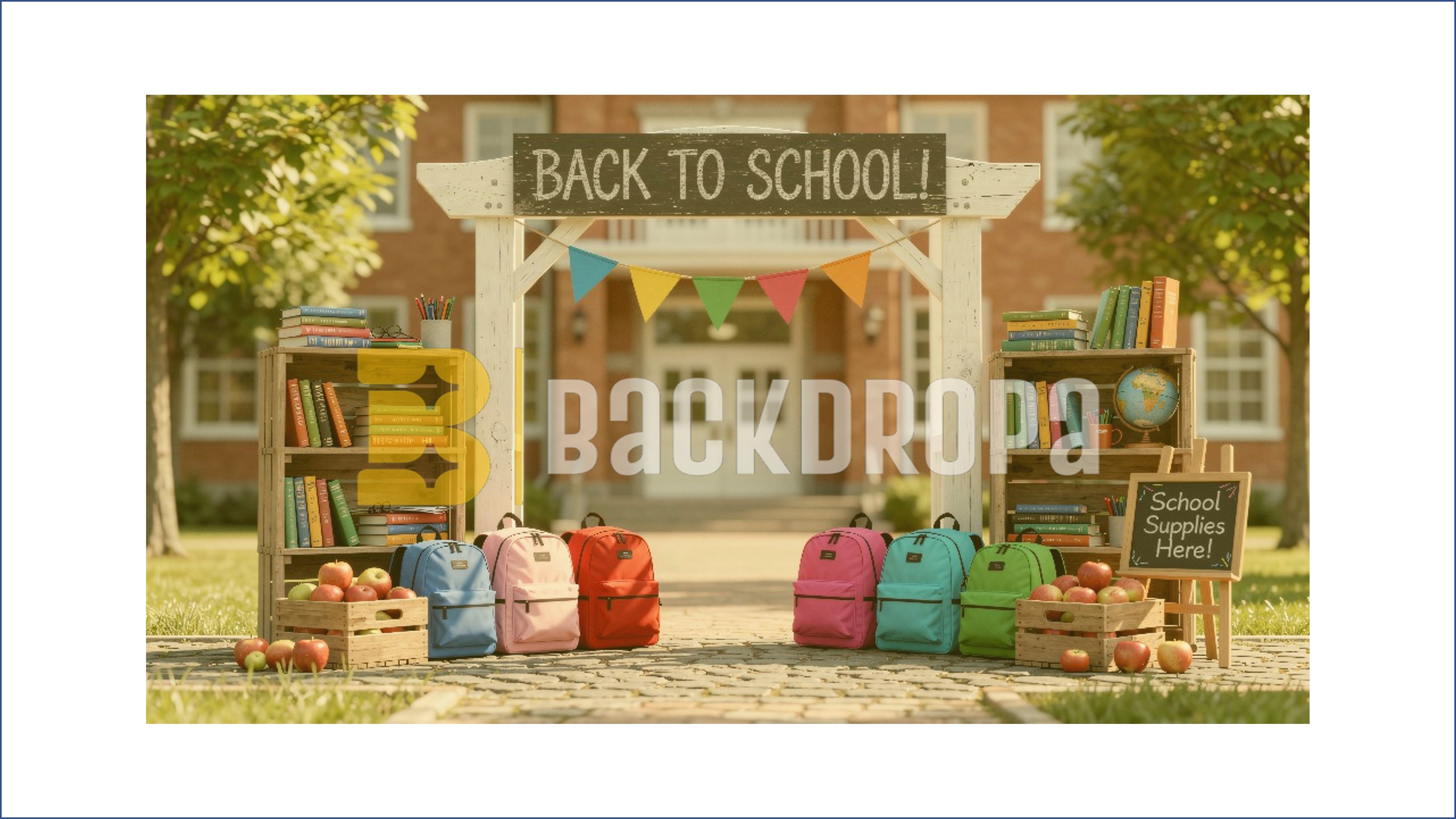 OUTDOOR PLAYGROUND WITH COLORFUL PLAYHOUSES AND APPLE DECOR BACKDROP FOR KIDS PHOTOGRAPHY