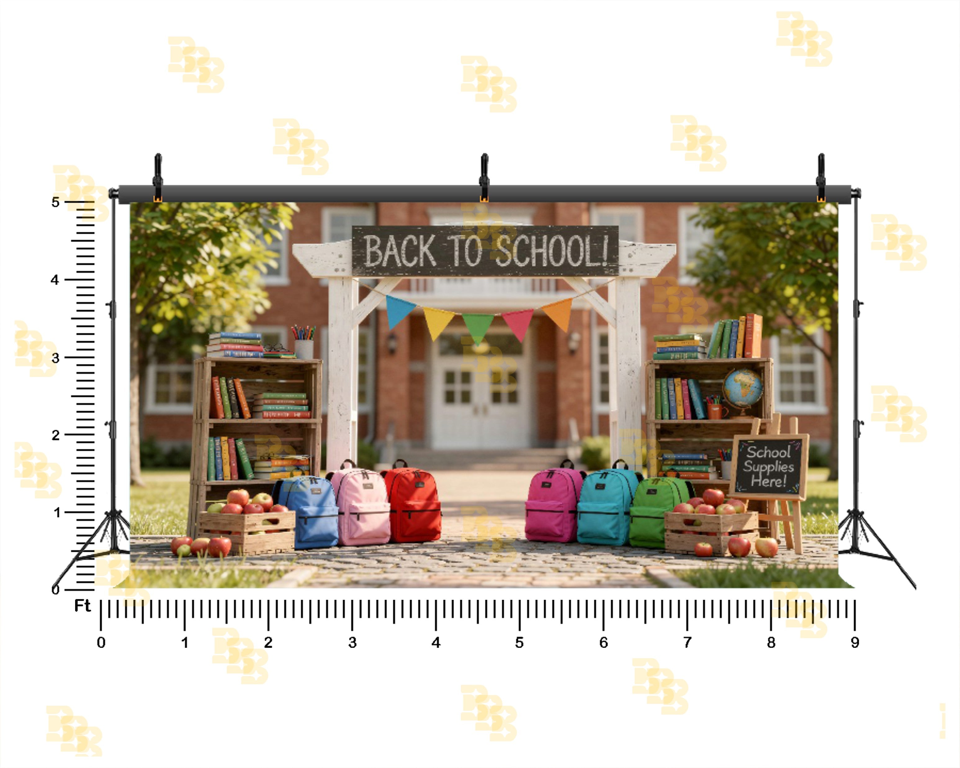 OUTDOOR PLAYGROUND WITH COLORFUL PLAYHOUSES AND APPLE DECOR BACKDROP FOR KIDS PHOTOGRAPHY