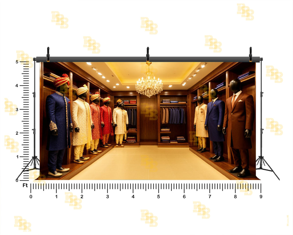 ROYAL SHERWANI SHOWROOM WITH CHANDELIER BACKDROP FOR FASHION & TRADITIONAL PHOTOGRAPHY