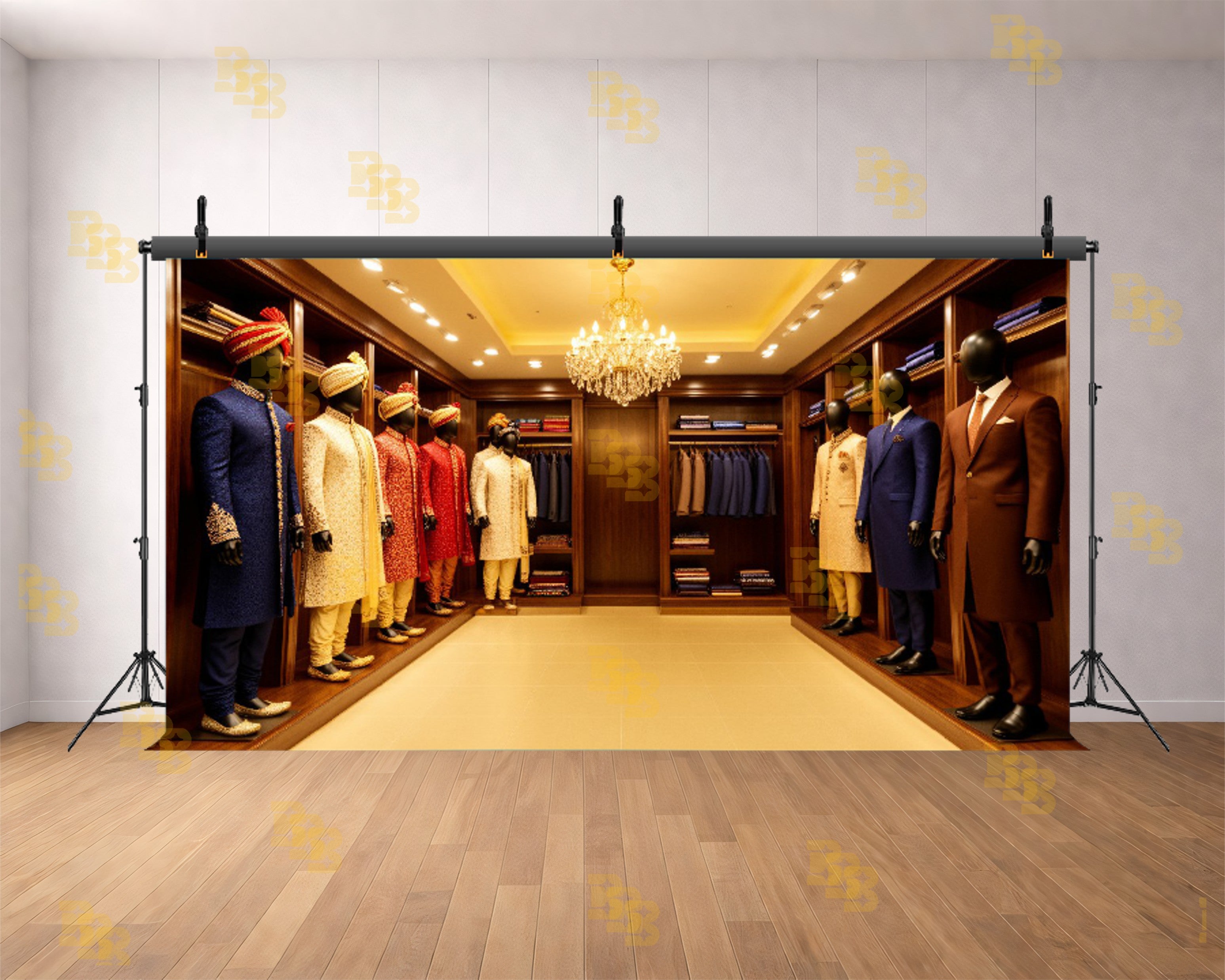 ROYAL SHERWANI SHOWROOM WITH CHANDELIER BACKDROP FOR FASHION & TRADITIONAL PHOTOGRAPHY