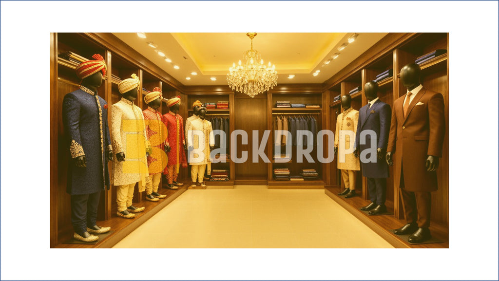 ROYAL SHERWANI SHOWROOM WITH CHANDELIER BACKDROP FOR FASHION & TRADITIONAL PHOTOGRAPHY