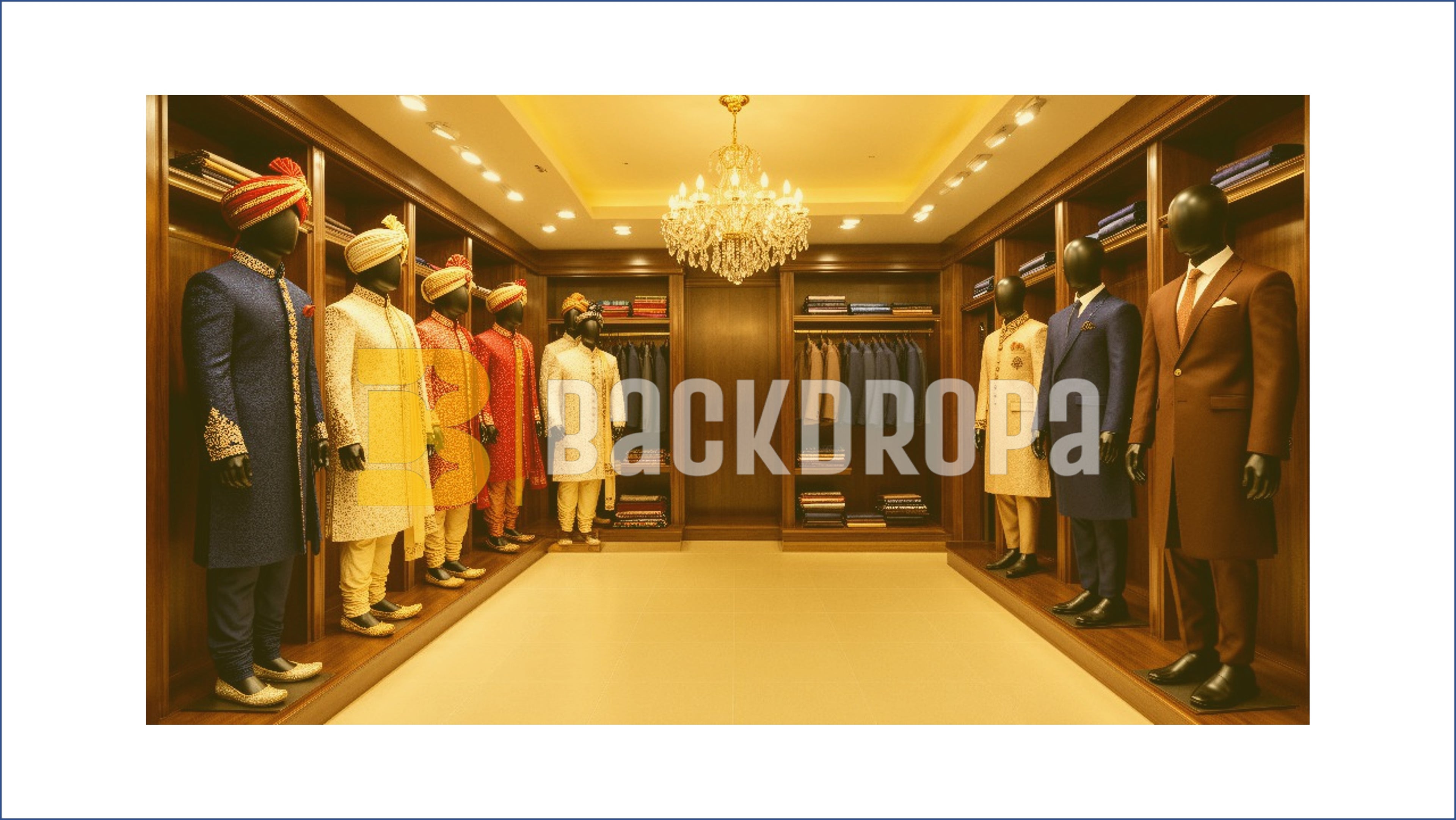 ROYAL SHERWANI SHOWROOM WITH CHANDELIER BACKDROP FOR FASHION & TRADITIONAL PHOTOGRAPHY