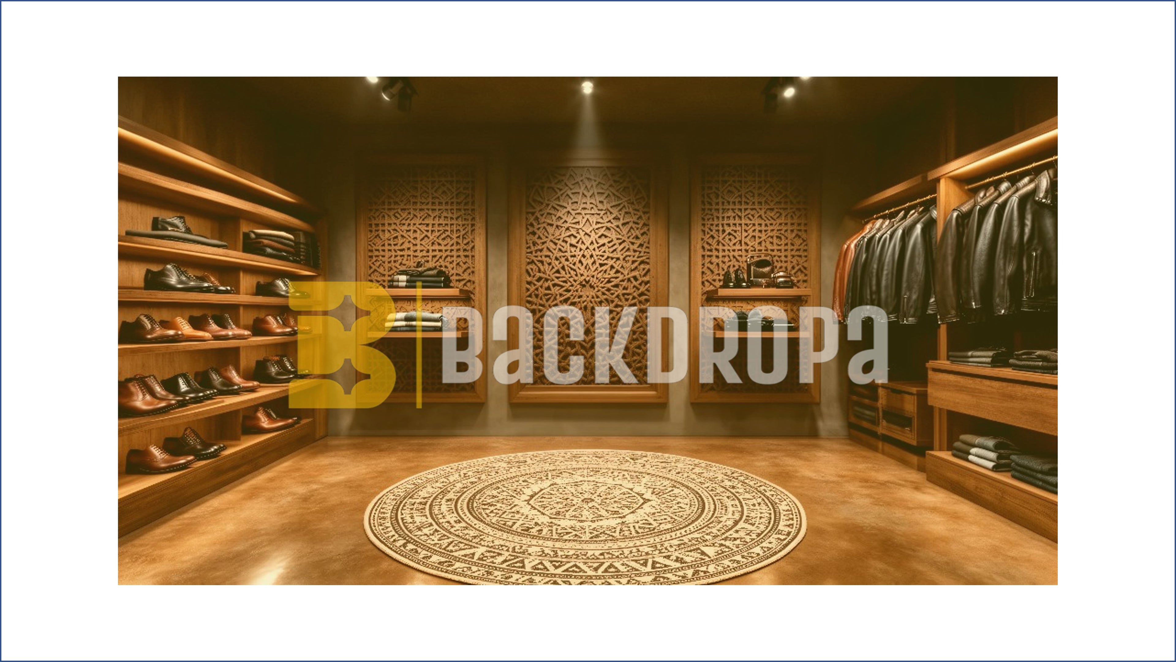 LUXURY MEN’S BOUTIQUE WITH WOODEN PANEL WALL BACKDROP FOR FASHION & PRODUCT PHOTOGRAPHY