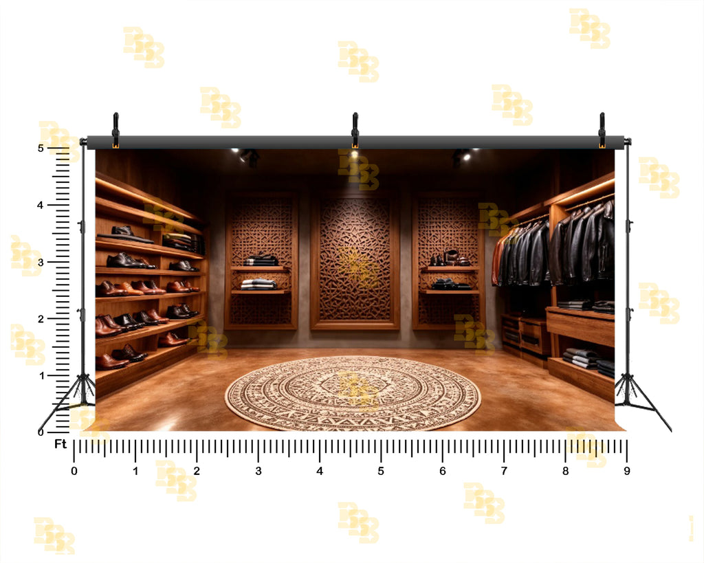 LUXURY MEN’S BOUTIQUE WITH WOODEN PANEL WALL BACKDROP FOR FASHION & PRODUCT PHOTOGRAPHY