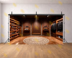 LUXURY MEN’S BOUTIQUE WITH WOODEN PANEL WALL BACKDROP FOR FASHION & PRODUCT PHOTOGRAPHY