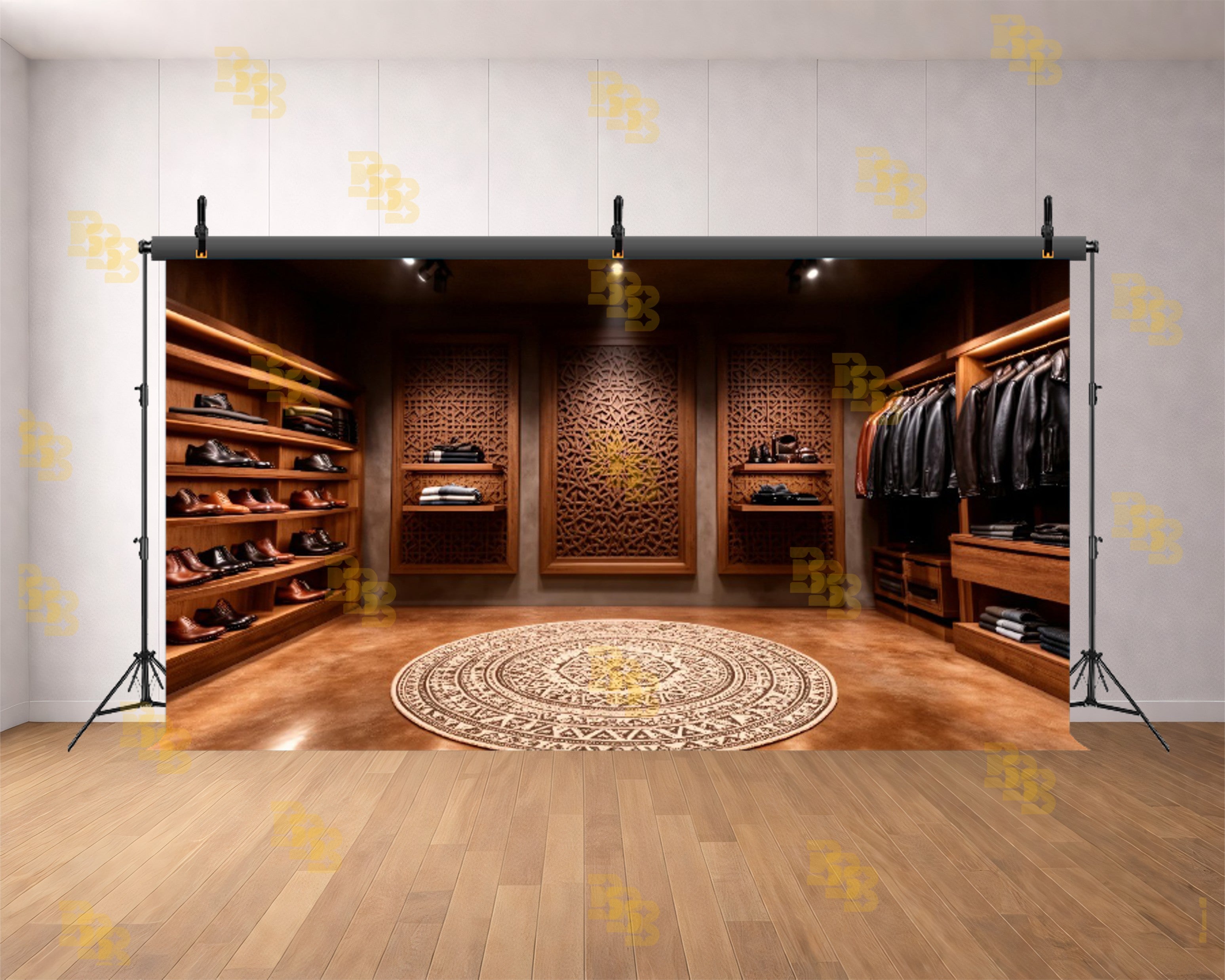 LUXURY MEN’S BOUTIQUE WITH WOODEN PANEL WALL BACKDROP FOR FASHION & PRODUCT PHOTOGRAPHY