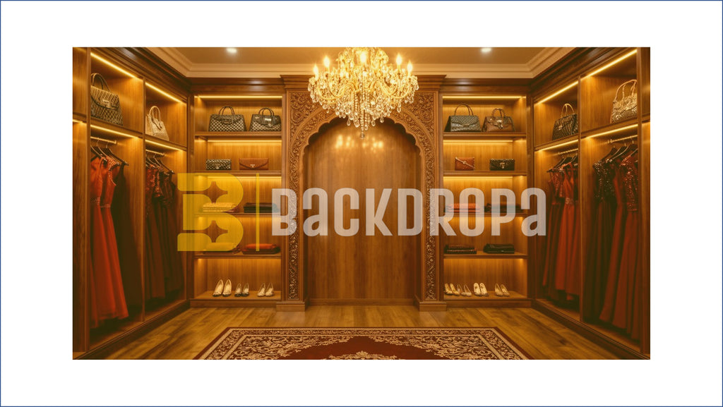 LUXURY WOMEN’S BOUTIQUE WITH CHANDELIER AND ARCH PANEL BACKDROP FOR FASHION & BRAND PHOTOGRAPHY
