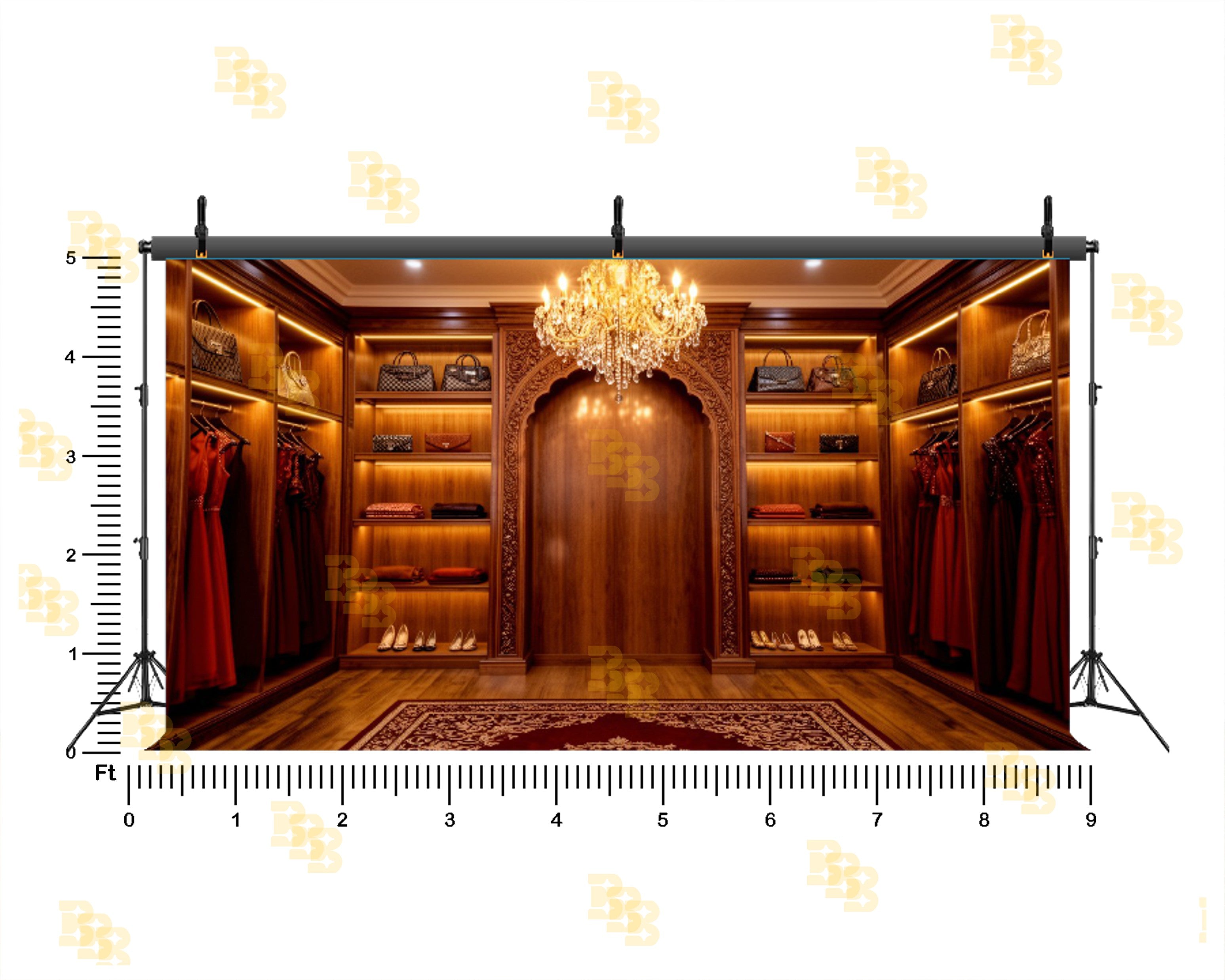 LUXURY WOMEN’S BOUTIQUE WITH CHANDELIER AND ARCH PANEL BACKDROP FOR FASHION & BRAND PHOTOGRAPHY