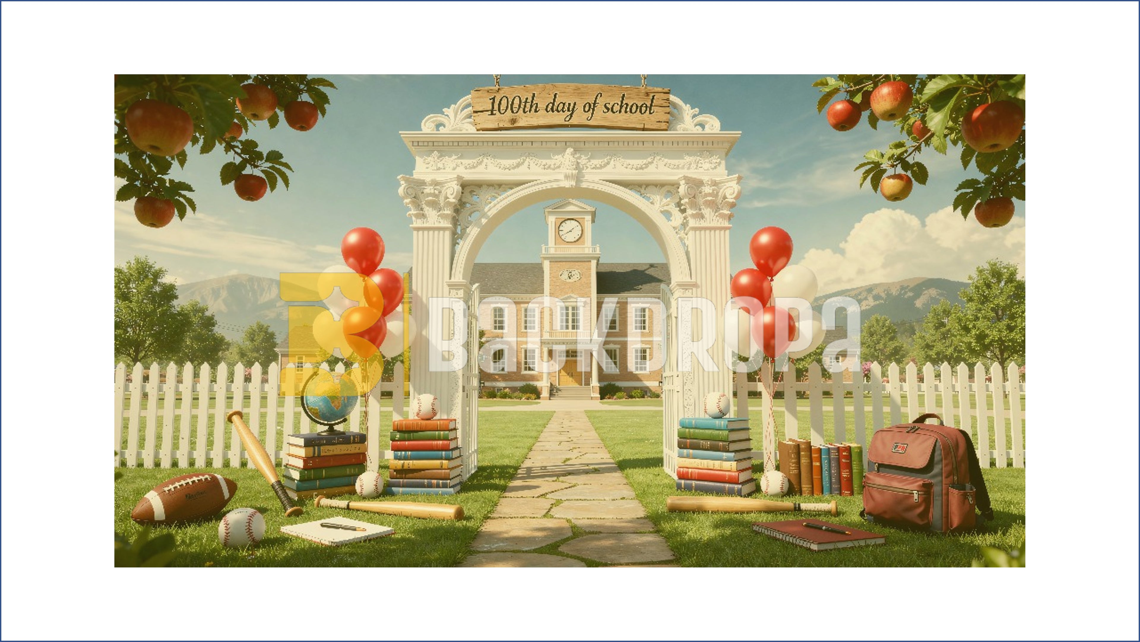BACK TO SCHOOL ARCH GATE WITH BOOKS AND BALLOONS BACKDROP FOR KIDS PHOTOGRAPHY