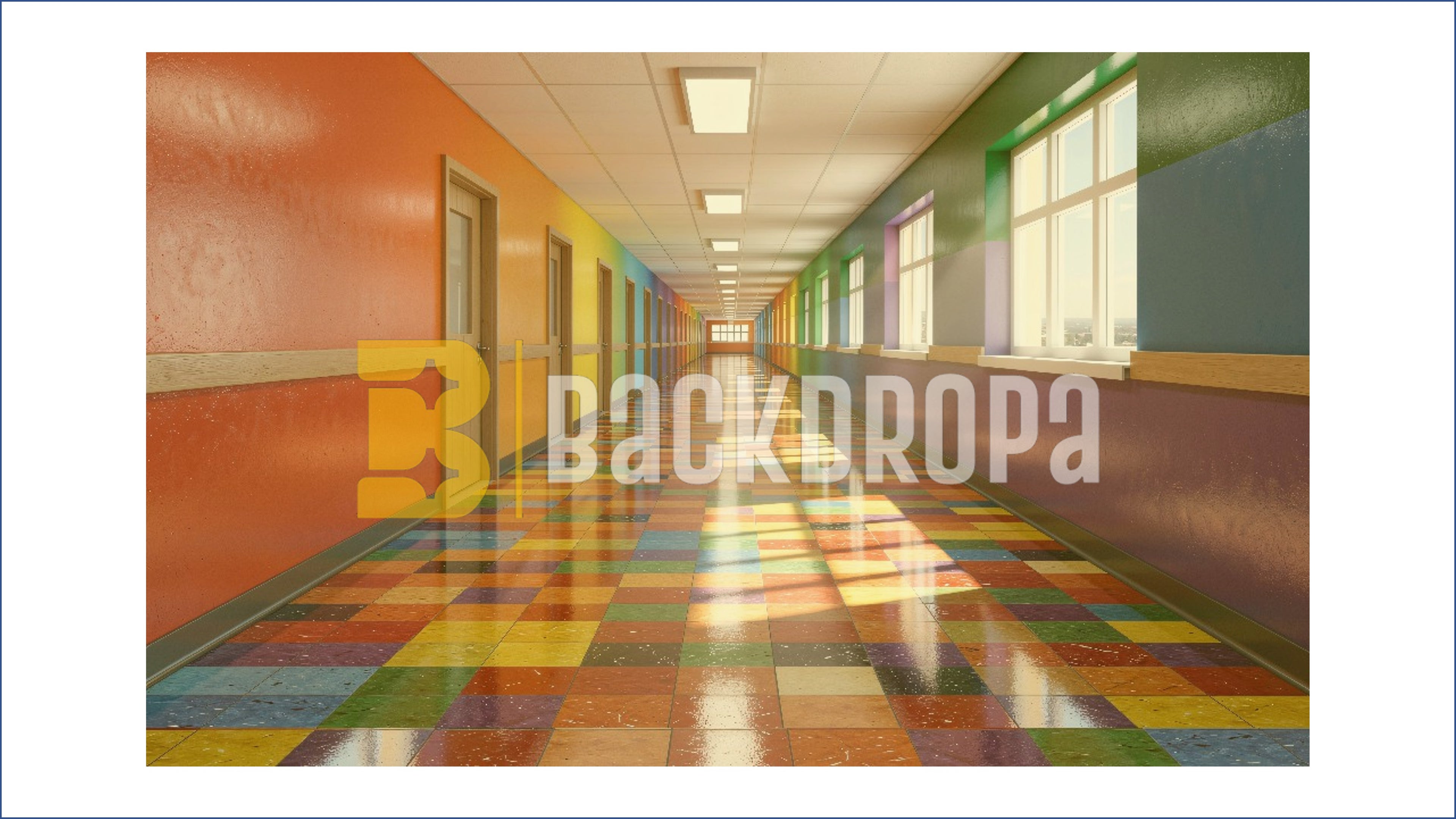 COLORFUL SCHOOL CORRIDOR WITH MULTICOLOR FLOOR BACKDROP FOR KIDS & EDUCATION PHOTOGRAPHY