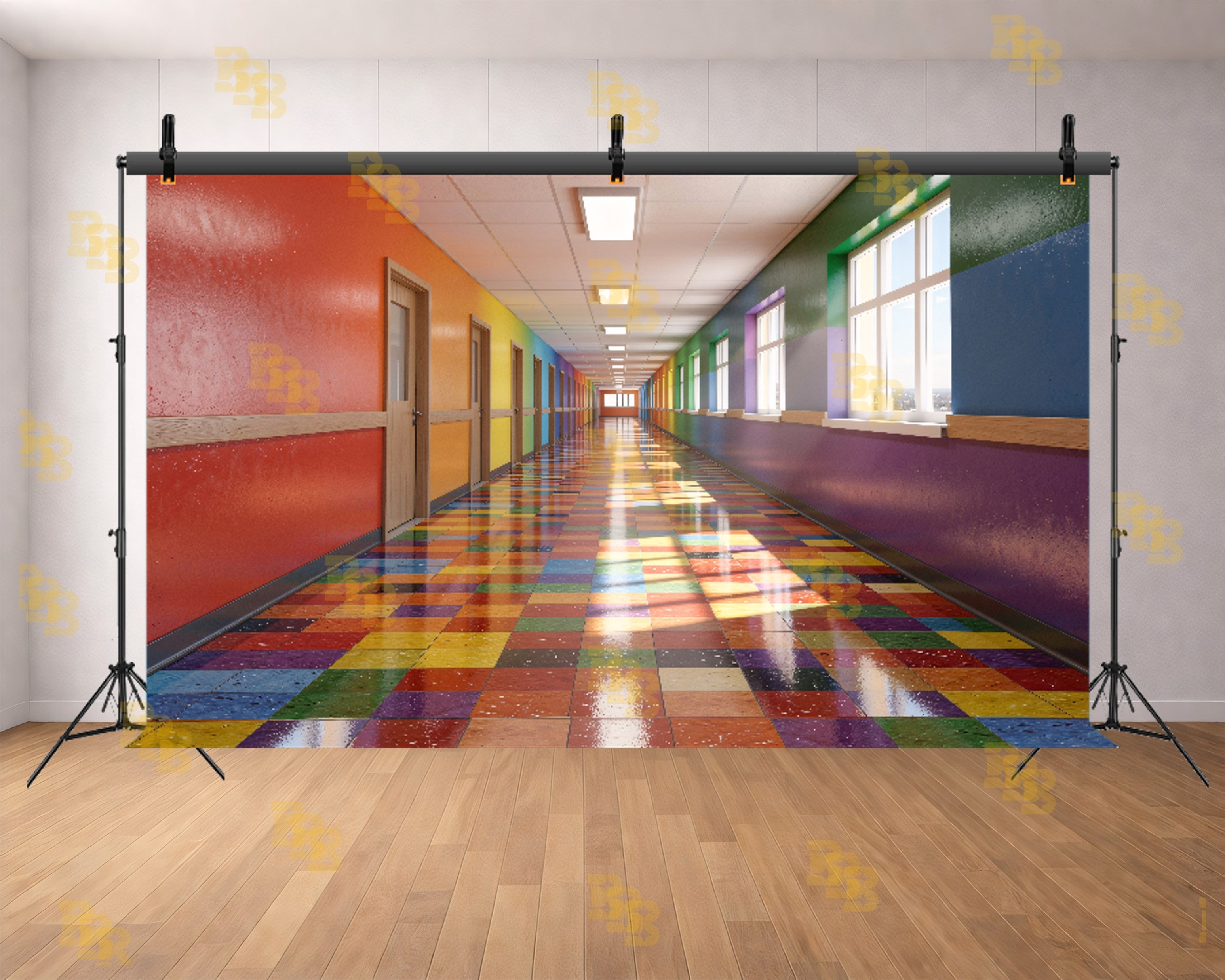 COLORFUL SCHOOL CORRIDOR WITH MULTICOLOR FLOOR BACKDROP FOR KIDS & EDUCATION PHOTOGRAPHY