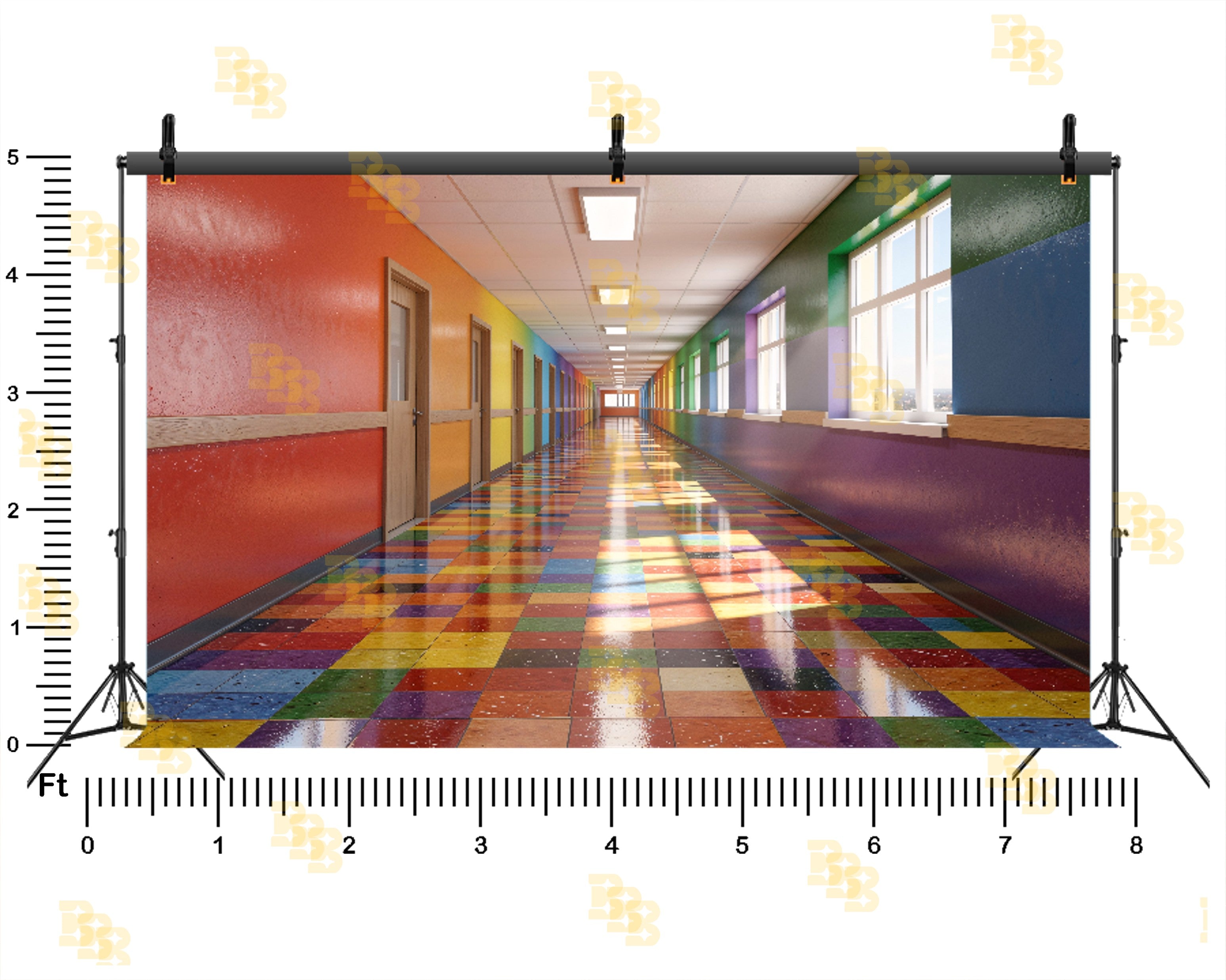 COLORFUL SCHOOL CORRIDOR WITH MULTICOLOR FLOOR BACKDROP FOR KIDS & EDUCATION PHOTOGRAPHY
