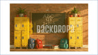 CLASSROOM BLACKBOARD WITH LOCKERS AND BACKPACKS BACKDROP FOR KIDS & SCHOOL PHOTOGRAPHY