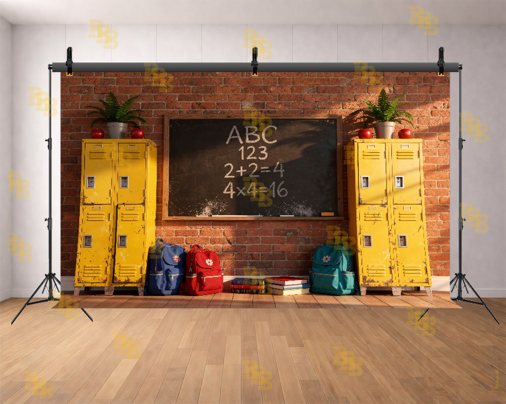 CLASSROOM BLACKBOARD WITH LOCKERS AND BACKPACKS BACKDROP FOR KIDS & SCHOOL PHOTOGRAPHY