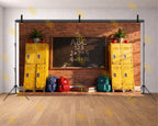 CLASSROOM BLACKBOARD WITH LOCKERS AND BACKPACKS BACKDROP FOR KIDS & SCHOOL PHOTOGRAPHY