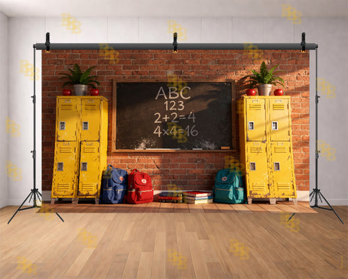 CLASSROOM BLACKBOARD WITH LOCKERS AND BACKPACKS BACKDROP FOR KIDS & SCHOOL PHOTOGRAPHY