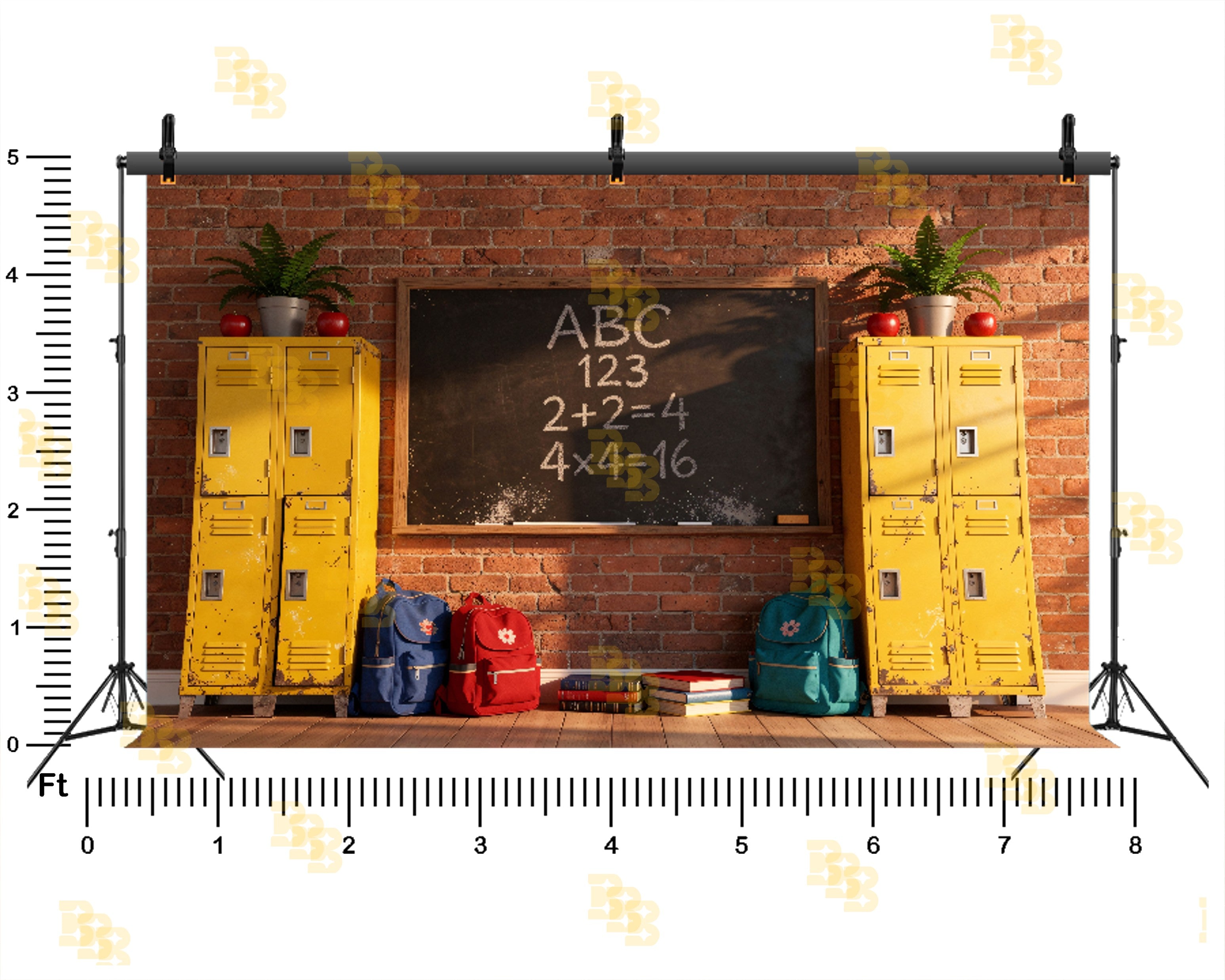 CLASSROOM BLACKBOARD WITH LOCKERS AND BACKPACKS BACKDROP FOR KIDS & SCHOOL PHOTOGRAPHY