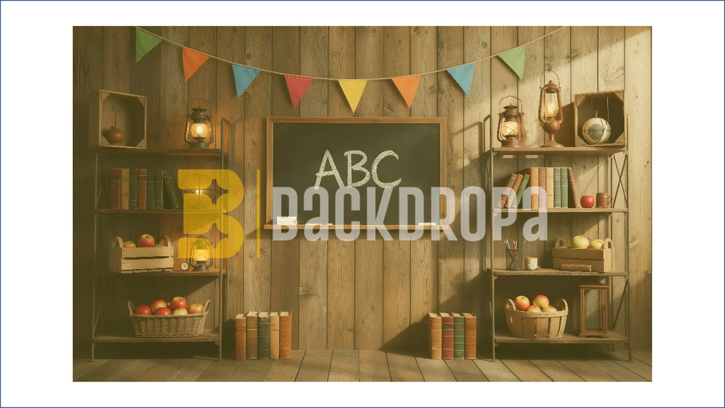 RUSTIC CLASSROOM BLACKBOARD WITH WOODEN SHELVES BACKDROP FOR KIDS & SCHOOL PHOTOGRAPHY