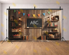 RUSTIC CLASSROOM BLACKBOARD WITH WOODEN SHELVES BACKDROP FOR KIDS & SCHOOL PHOTOGRAPHY